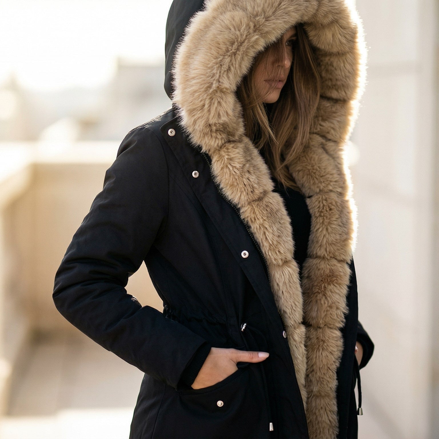 Image of Kate | Women's Hooded Faux Fur Trim Coat