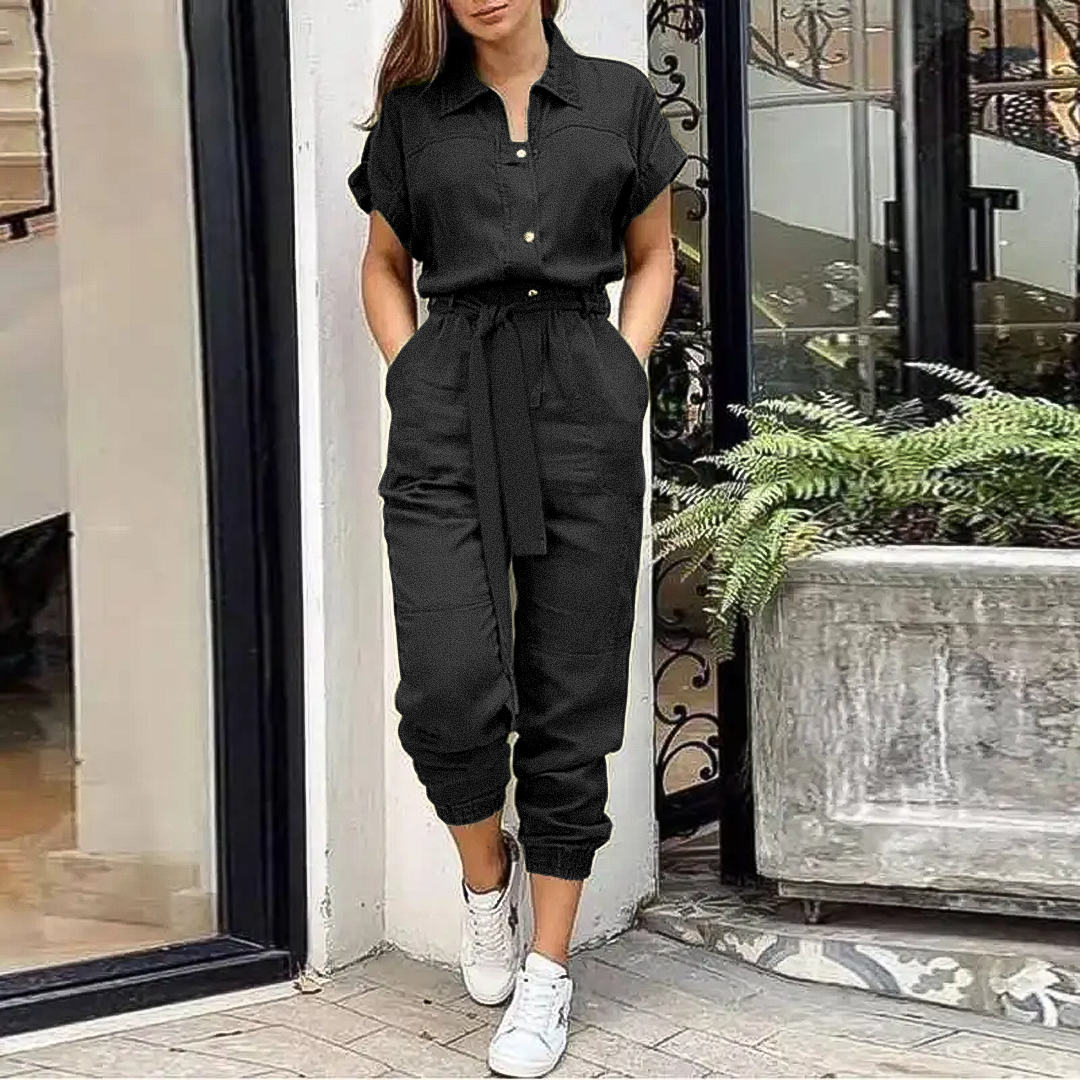 Image of Kiara | Women's Button-Down Tie Waist Jumpsuit