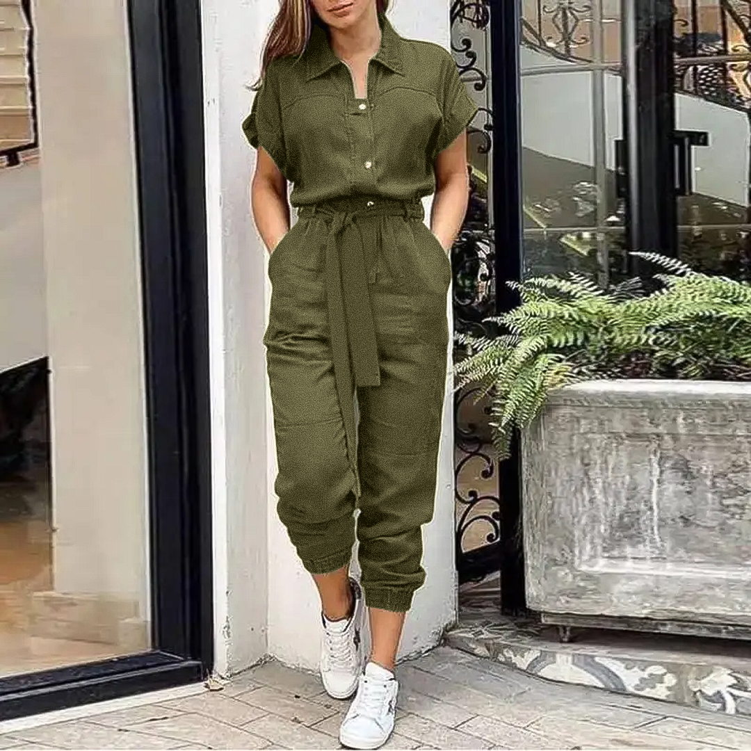 Image of Kiara | Women's Button-Down Tie Waist Jumpsuit