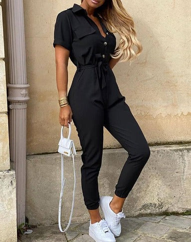 Image of Kiara | Women's Button-Down Tie Waist Jumpsuit
