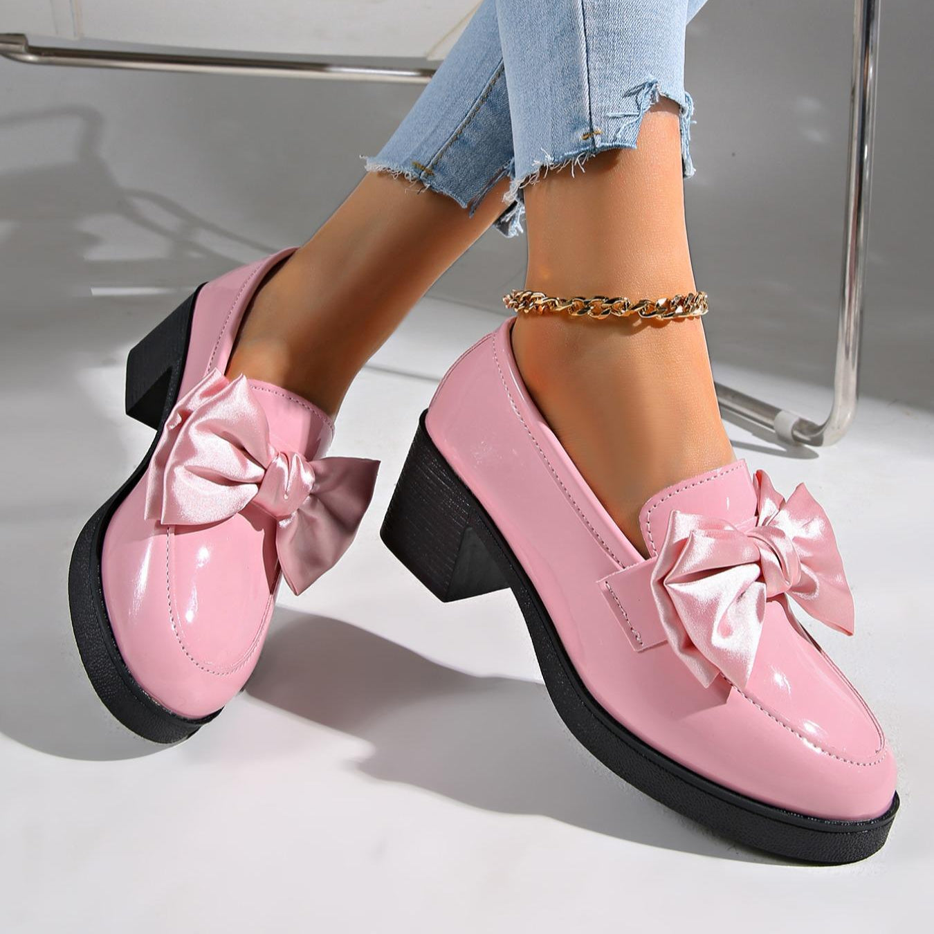 Image of Lisa | Women's Chunky Heel Slip-On Bow Loafers