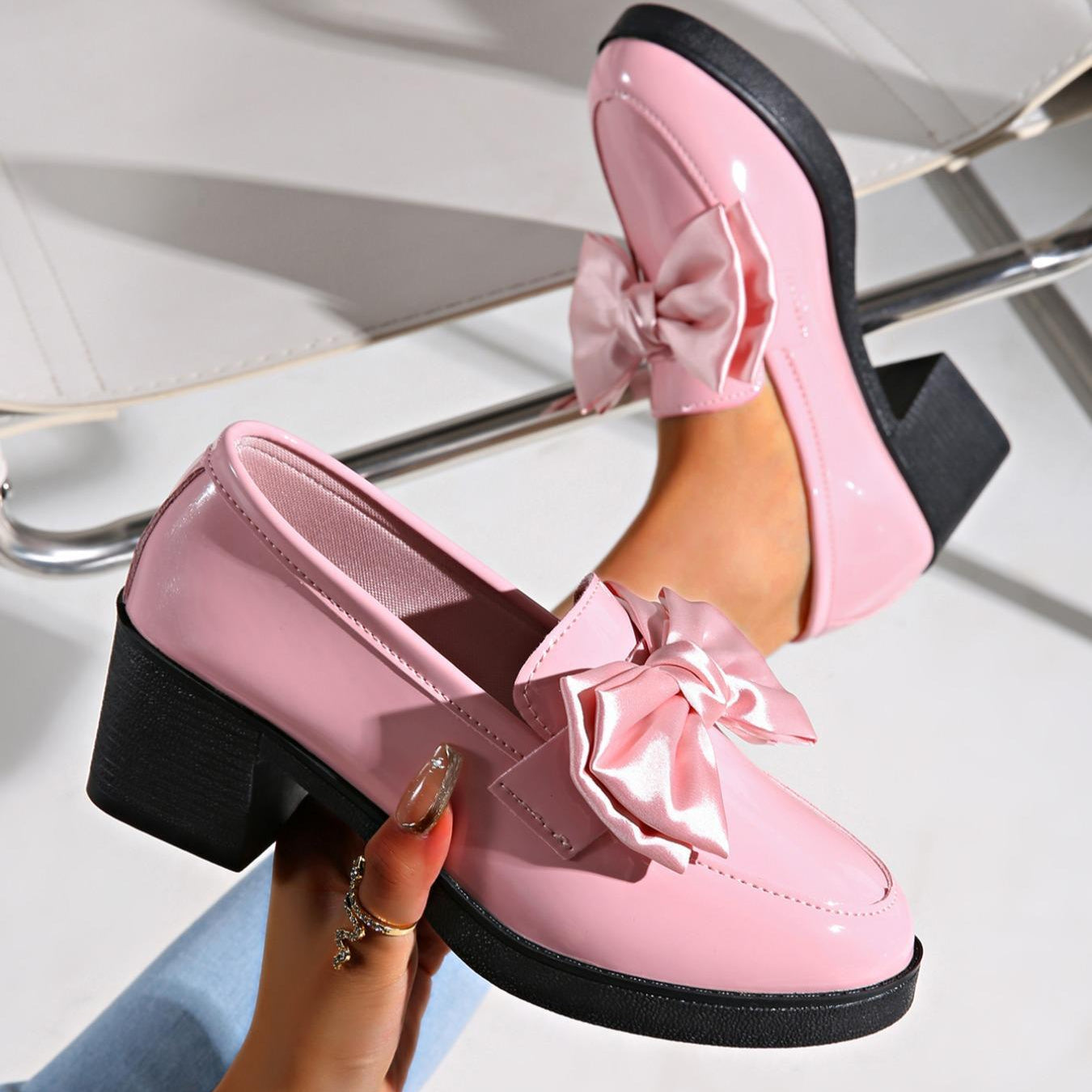 Image of Lisa | Women's Chunky Heel Slip-On Bow Loafers