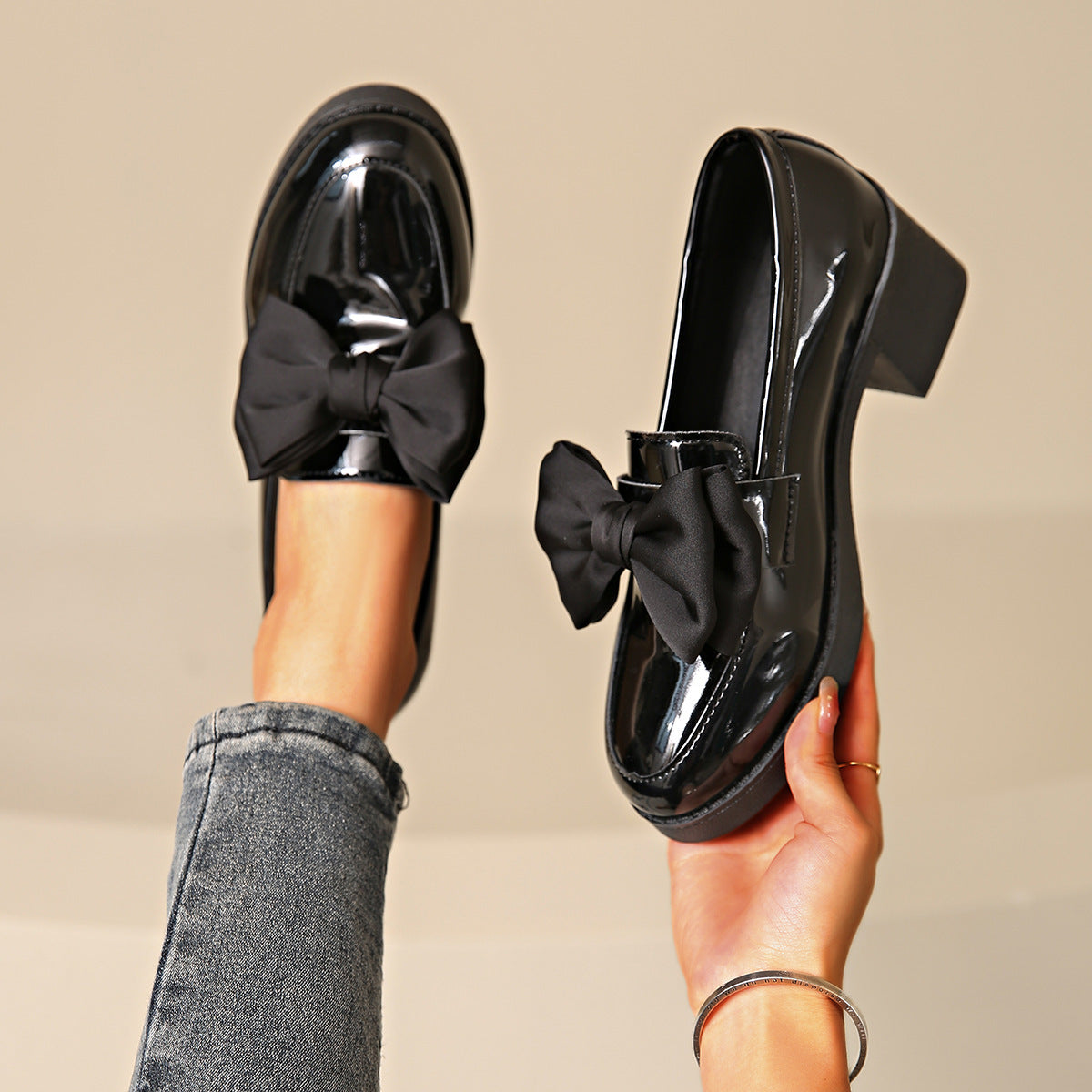 Image of Lisa | Women's Chunky Heel Slip-On Bow Loafers