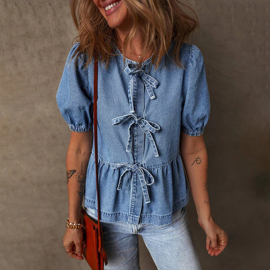 Image of Lisa | Women's Tie Front Denim Blouse