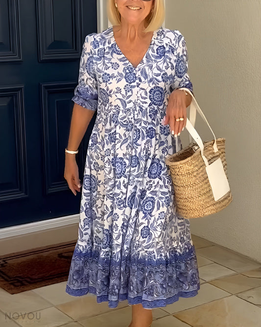 Image of Lucille | Women's V-Neck Floral Midi Dress