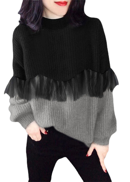 Image of Marilyn | Women's Color Block Ruffle Crew Neck Sweater