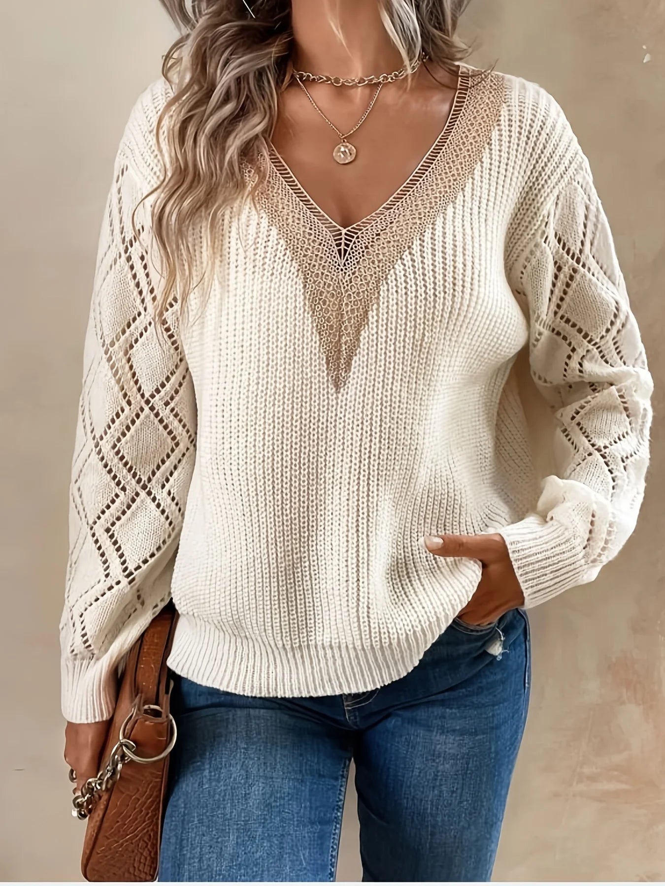 Image of Marina | Women's V-Neck Open Knit Sweater