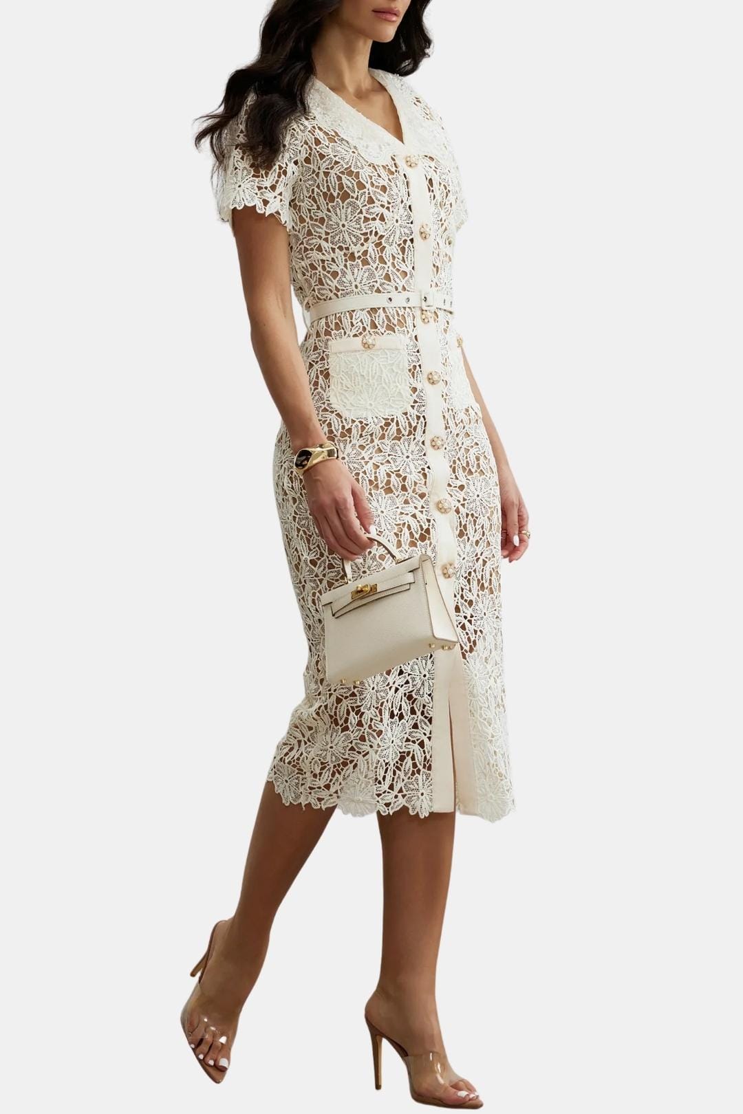 Image of Michele | Women's V-Neck Lace Midi Dress