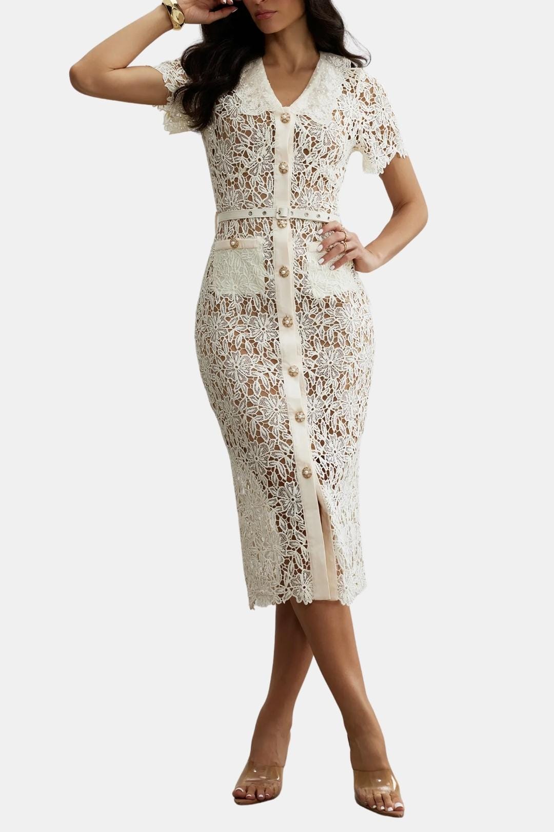 Image of Michele | Women's V-Neck Lace Midi Dress