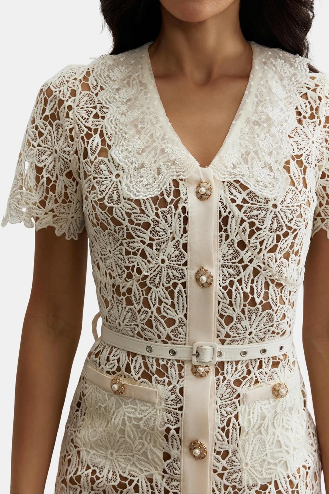 Image of Michele | Women's V-Neck Lace Midi Dress