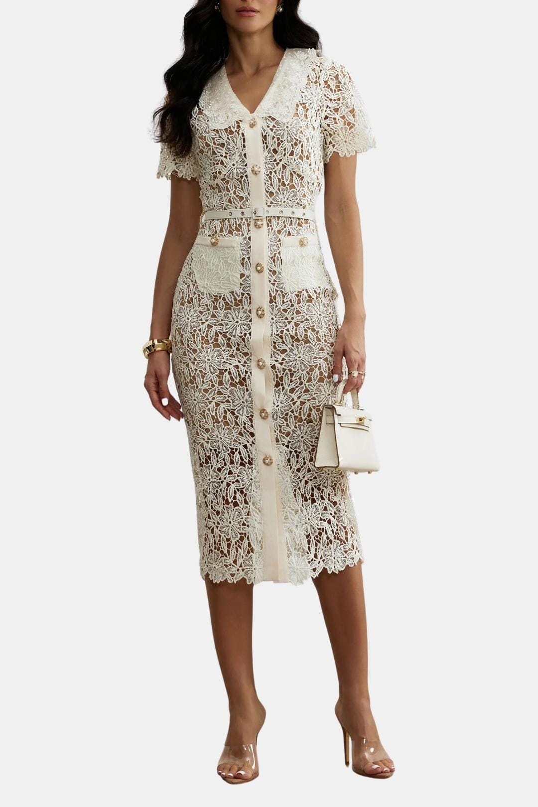 Image of Michele | Women's V-Neck Lace Midi Dress