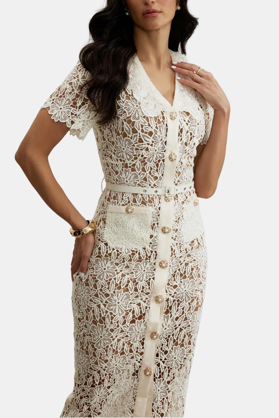 Image of Michele | Women's V-Neck Lace Midi Dress