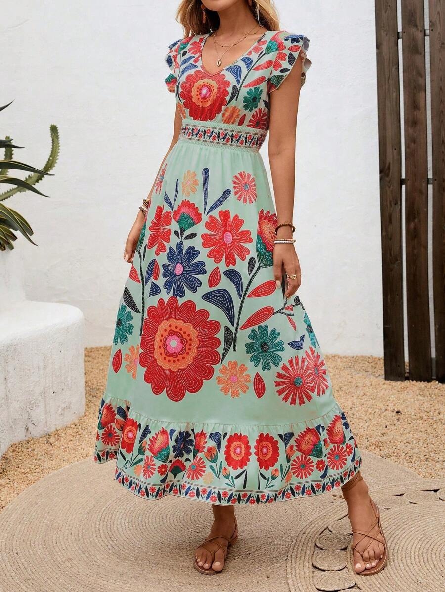 Image of Naomi | Women's V-Neck A-Line Midi Dress