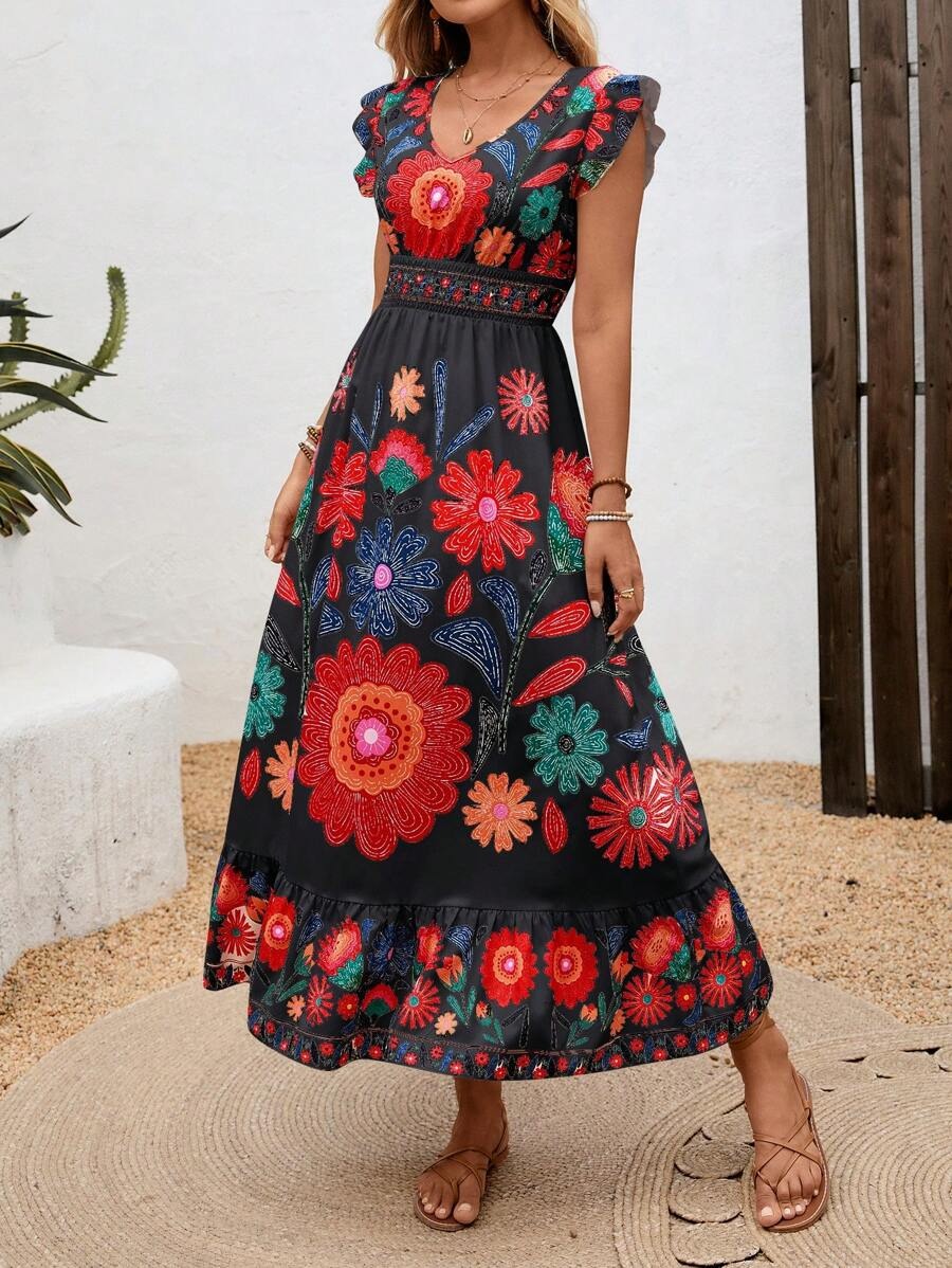 Image of Naomi | Women's V-Neck A-Line Midi Dress