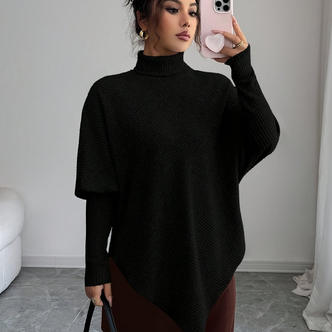 Image of Rita | Women's Turtleneck Asymmetrical Hem Sweater