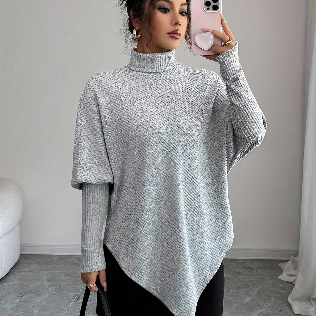 Image of Rita | Women's Turtleneck Asymmetrical Hem Sweater