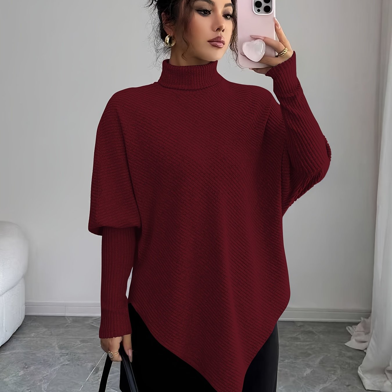 Image of Rita | Women's Turtleneck Asymmetrical Hem Sweater