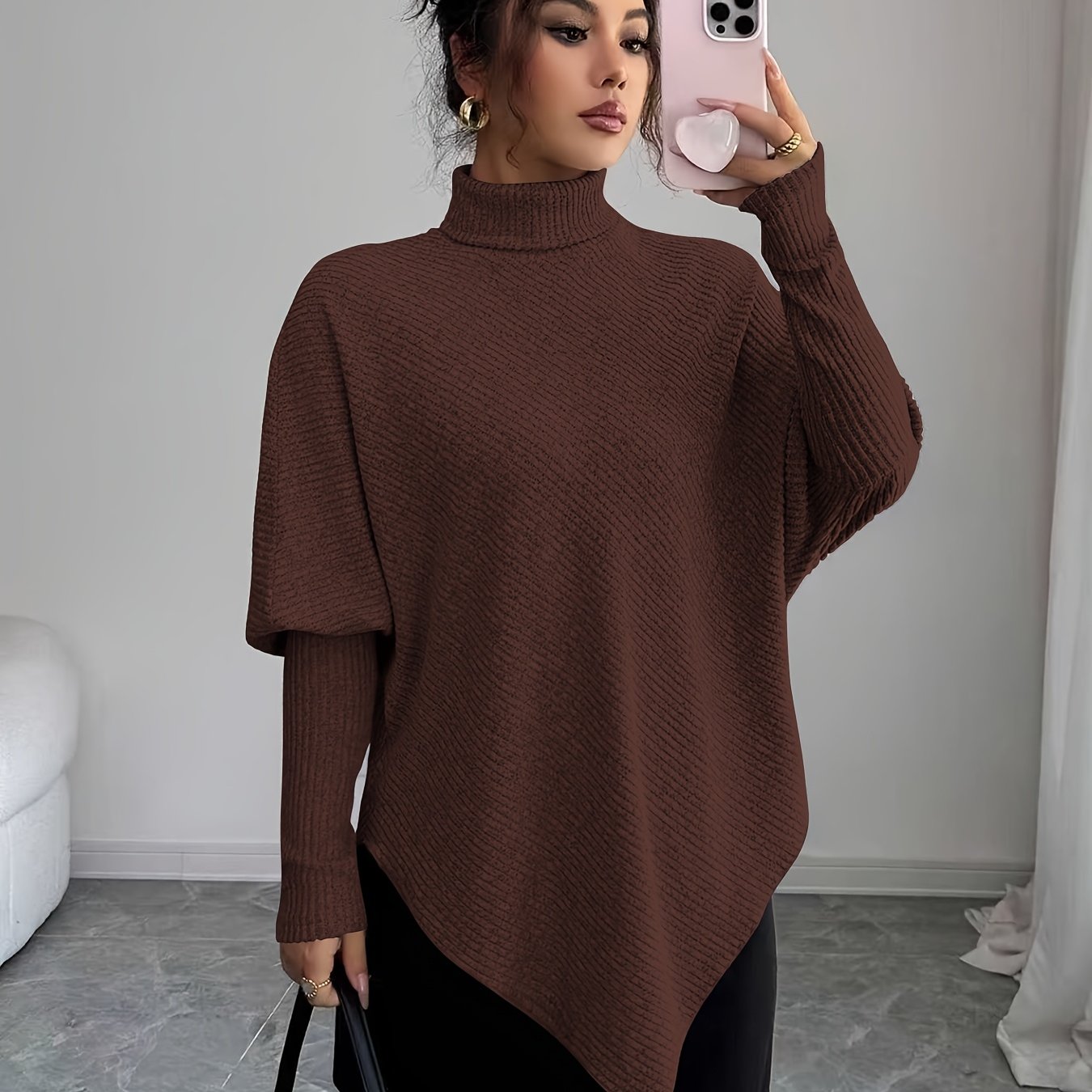 Image of Rita | Women's Turtleneck Asymmetrical Hem Sweater