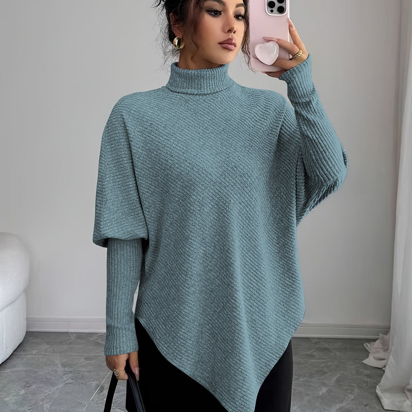 Image of Rita | Women's Turtleneck Asymmetrical Hem Sweater