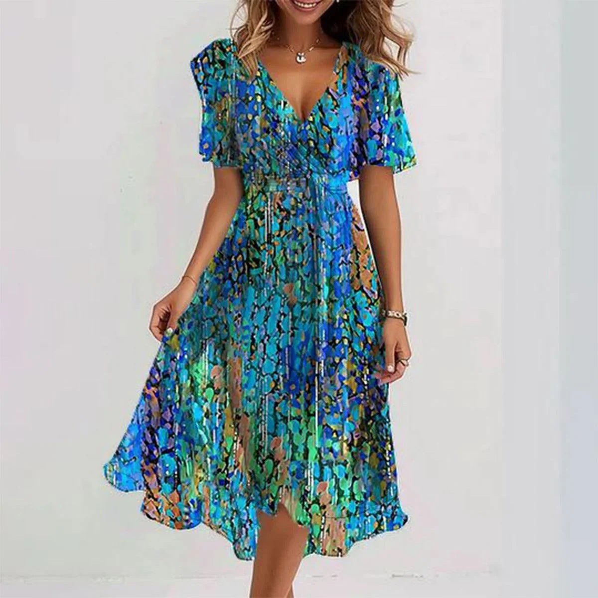Image of Stella | Women's V-Neck A-Line Midi Dress