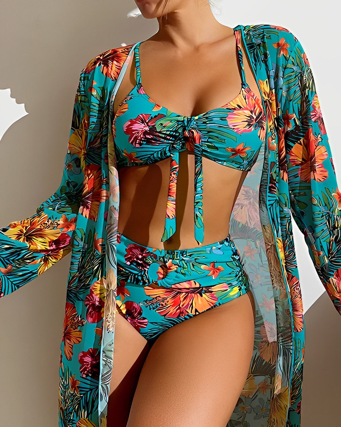 Image of Susan | Women's High-Waisted Floral Swimsuit with Cover-Up