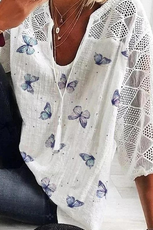 Image of Winnie | Women's V-Neck Lace Sleeve Butterfly Print Blouse